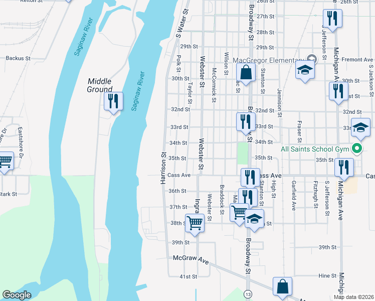 map of restaurants, bars, coffee shops, grocery stores, and more near 1198 Taylor Street in Bay City
