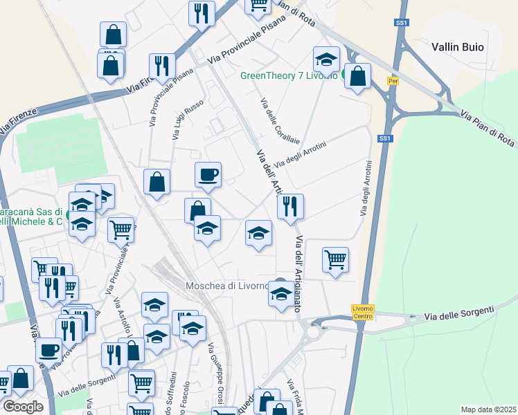 map of restaurants, bars, coffee shops, grocery stores, and more near 60 Via Aurelio Nicolodi in Livorno