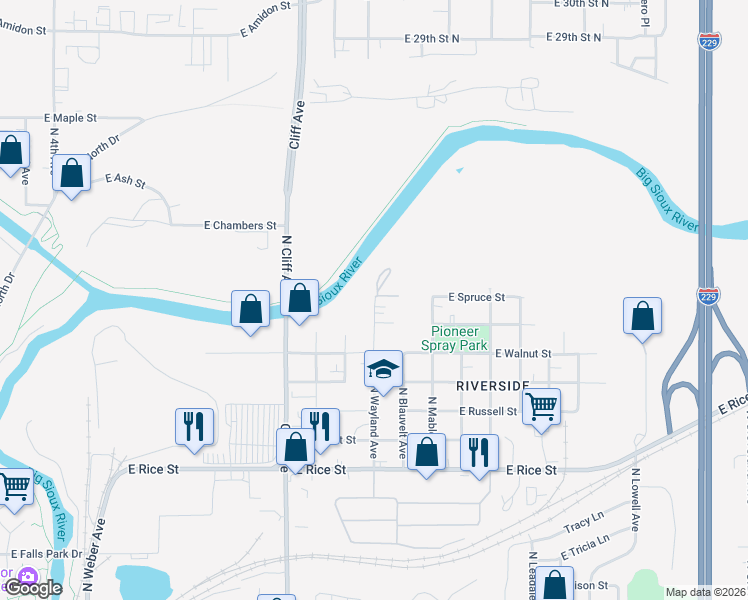 map of restaurants, bars, coffee shops, grocery stores, and more near 2011 North Wayland Avenue in Sioux Falls