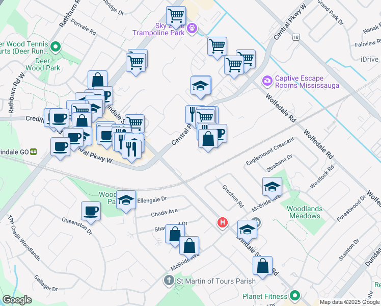 map of restaurants, bars, coffee shops, grocery stores, and more near 1000 Central Parkway West in Mississauga