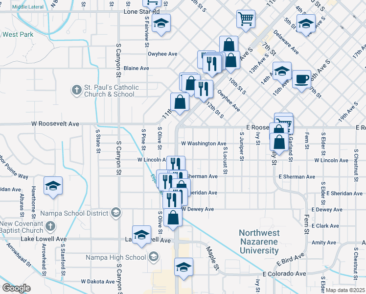 map of restaurants, bars, coffee shops, grocery stores, and more near 204 12th Avenue Road in Nampa
