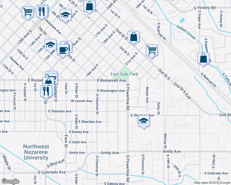 map of restaurants, bars, coffee shops, grocery stores, and more near 203 Almond Street in Nampa