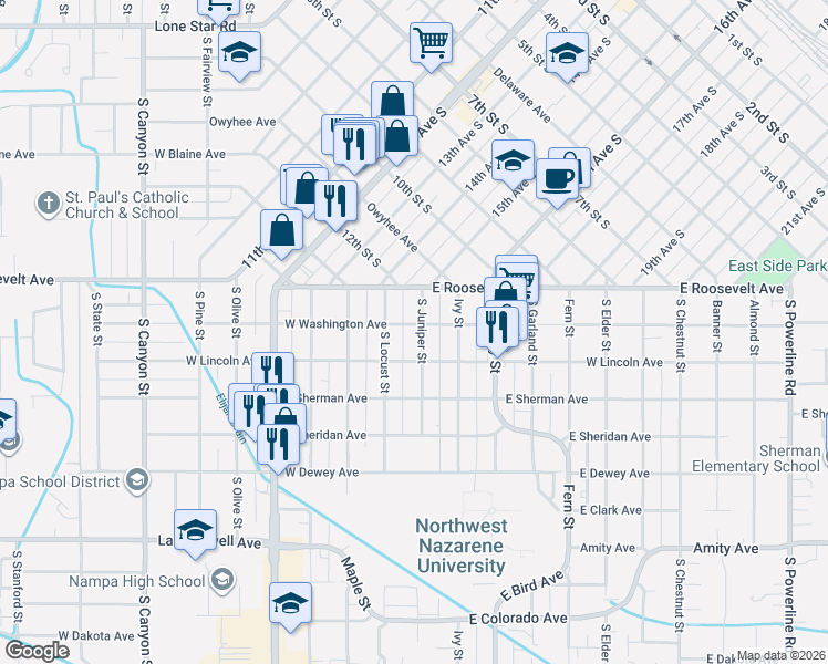 map of restaurants, bars, coffee shops, grocery stores, and more near 203 South Juniper Street in Nampa