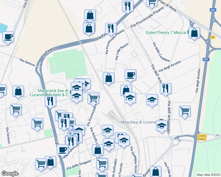 map of restaurants, bars, coffee shops, grocery stores, and more near 11c Viale Padre Nicola Magri in Livorno