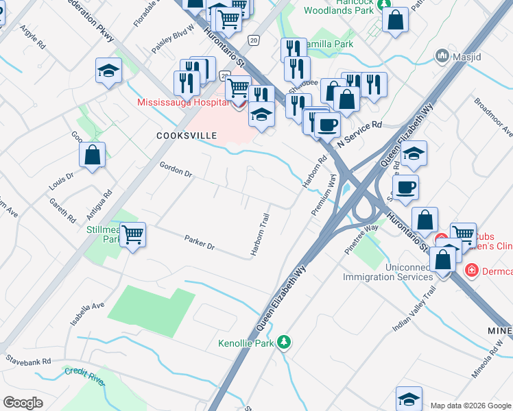 map of restaurants, bars, coffee shops, grocery stores, and more near 2116 Gordon Drive in Mississauga