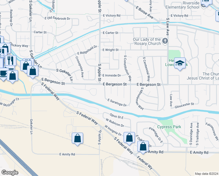 map of restaurants, bars, coffee shops, grocery stores, and more near 3839 South West Point Place in Boise