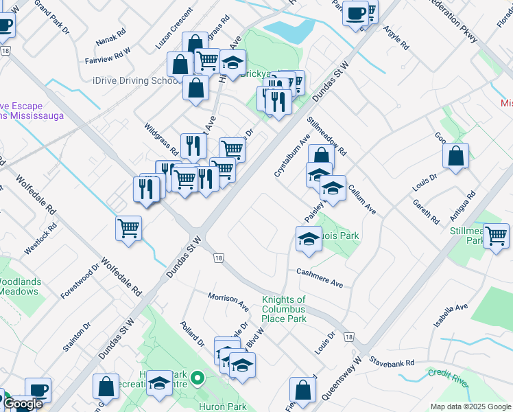 map of restaurants, bars, coffee shops, grocery stores, and more near 2589 Trident Avenue in Mississauga