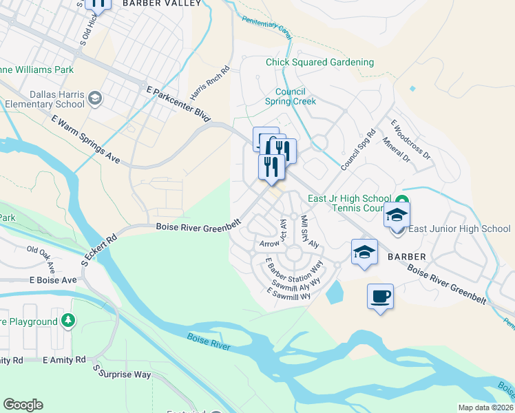 map of restaurants, bars, coffee shops, grocery stores, and more near 4922 East Woodcutter Drive in Boise