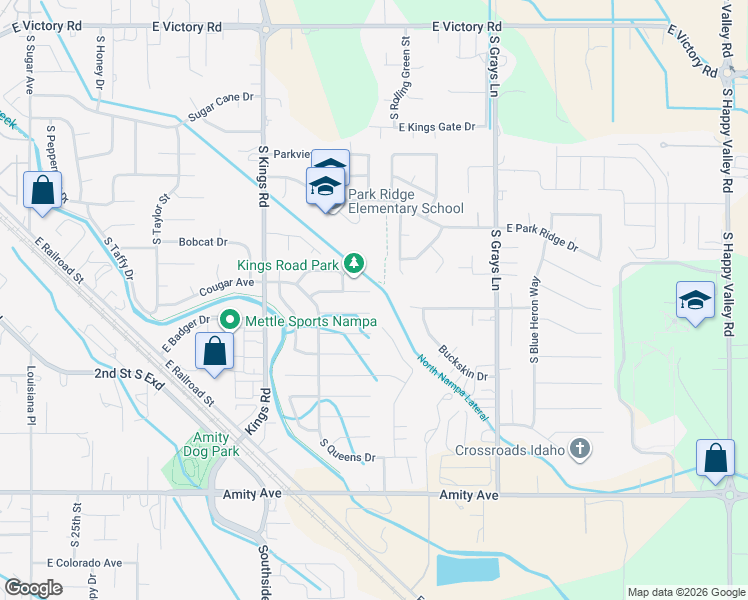 map of restaurants, bars, coffee shops, grocery stores, and more near 239 Buckskin Drive in Nampa