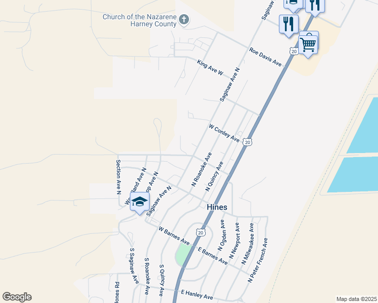 map of restaurants, bars, coffee shops, grocery stores, and more near 304 Saginaw Avenue North in Hines