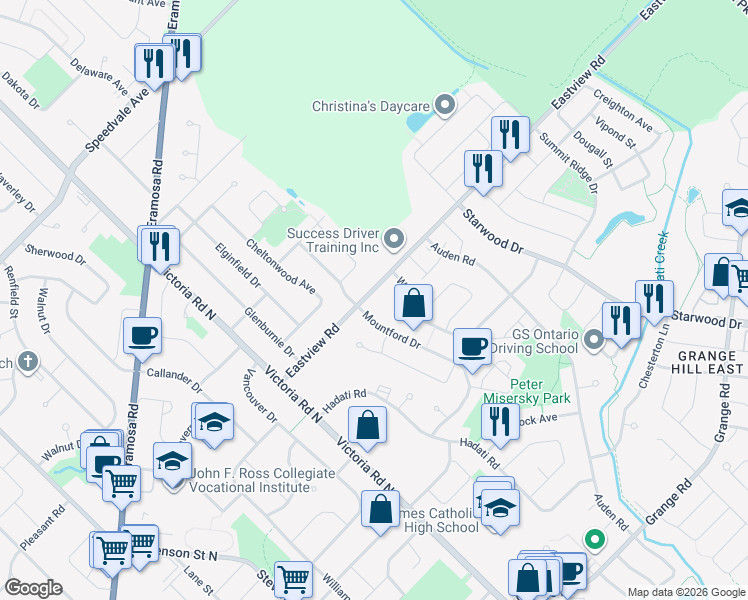 map of restaurants, bars, coffee shops, grocery stores, and more near 53 Eastview Road in Guelph