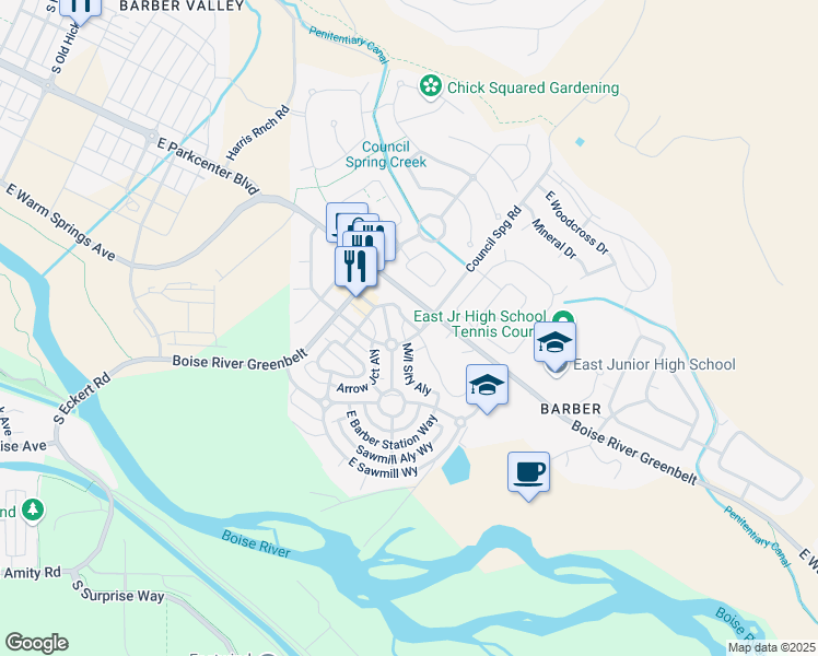 map of restaurants, bars, coffee shops, grocery stores, and more near 3831 South Council Spring Road in Boise