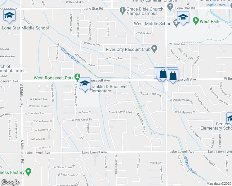 map of restaurants, bars, coffee shops, grocery stores, and more near 201 Middle Creek Drive in Nampa