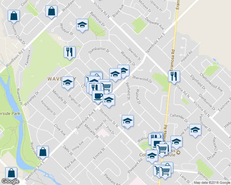 map of restaurants, bars, coffee shops, grocery stores, and more near 23 Knightswood Boulevard in Guelph