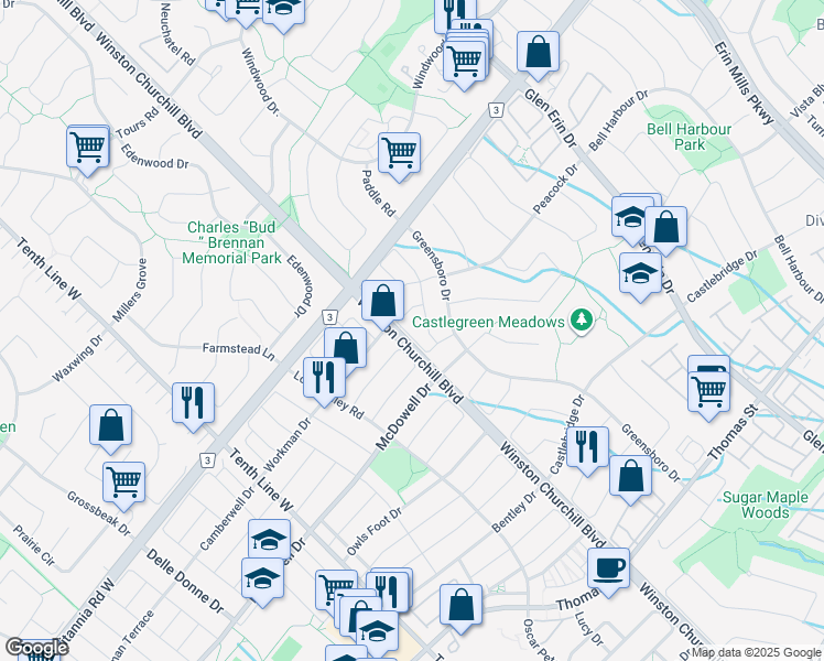map of restaurants, bars, coffee shops, grocery stores, and more near 134 Stonewell Road in Mississauga