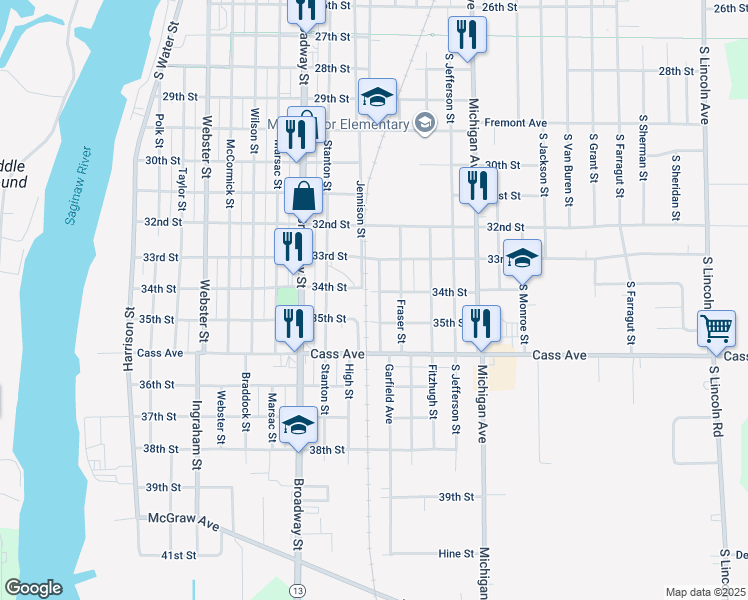 map of restaurants, bars, coffee shops, grocery stores, and more near 2408 Garfield Avenue in Bay City
