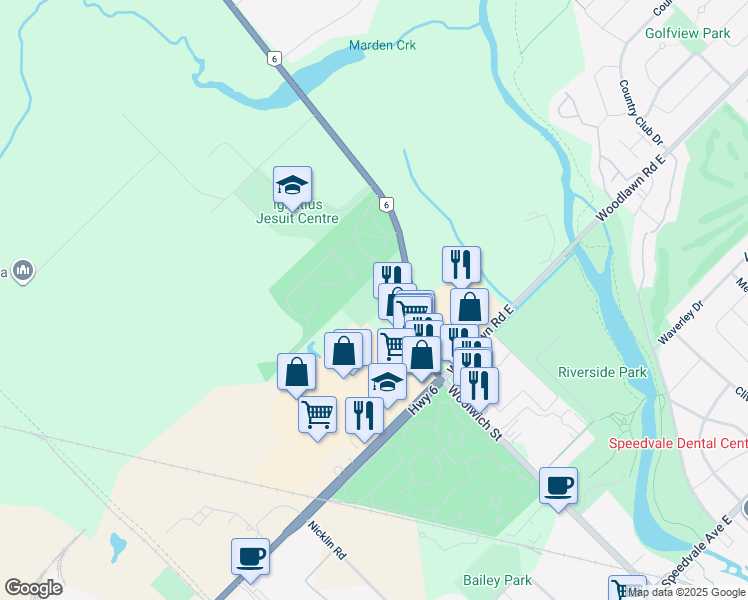 map of restaurants, bars, coffee shops, grocery stores, and more near 824 Woolwich Street in Guelph