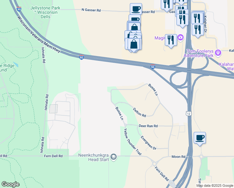 map of restaurants, bars, coffee shops, grocery stores, and more near E10699 Busse Lane in Baraboo