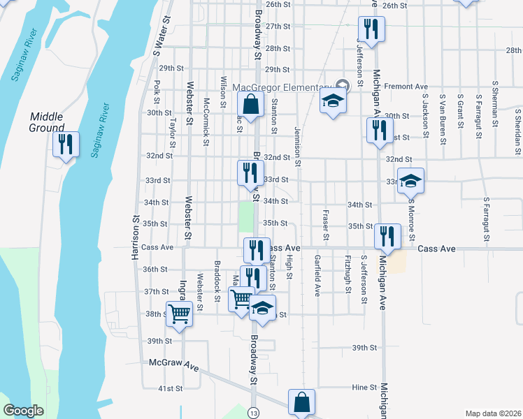 map of restaurants, bars, coffee shops, grocery stores, and more near 2109 Broadway Street in Bay City
