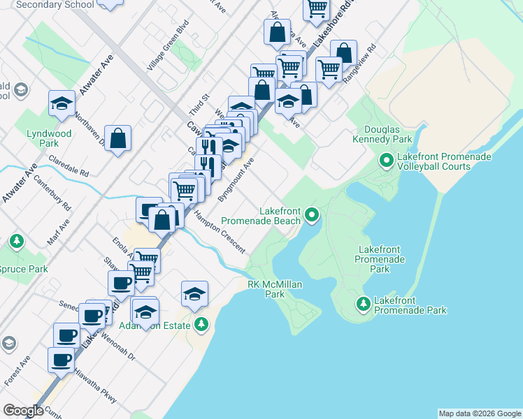 map of restaurants, bars, coffee shops, grocery stores, and more near in Mississauga