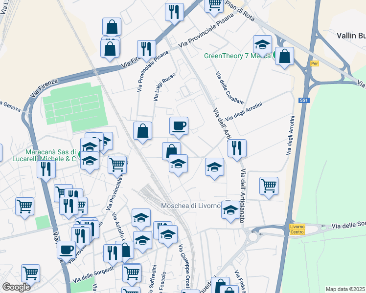 map of restaurants, bars, coffee shops, grocery stores, and more near 22 Viale Giacomo Leopardi in Livorno