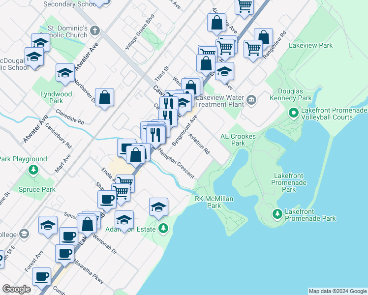 map of restaurants, bars, coffee shops, grocery stores, and more near 605 Curzon Avenue in Mississauga