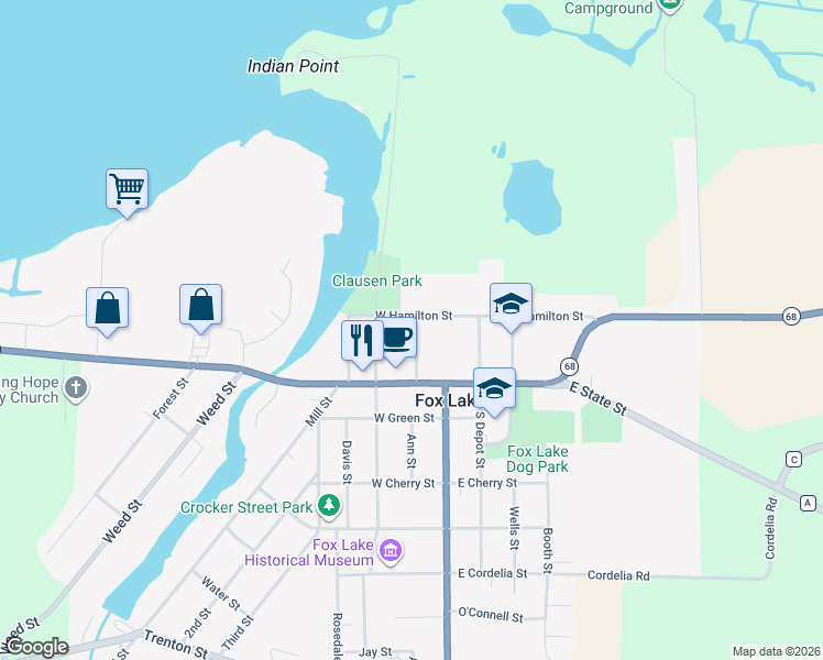 map of restaurants, bars, coffee shops, grocery stores, and more near 117 Center St in Fox Lake