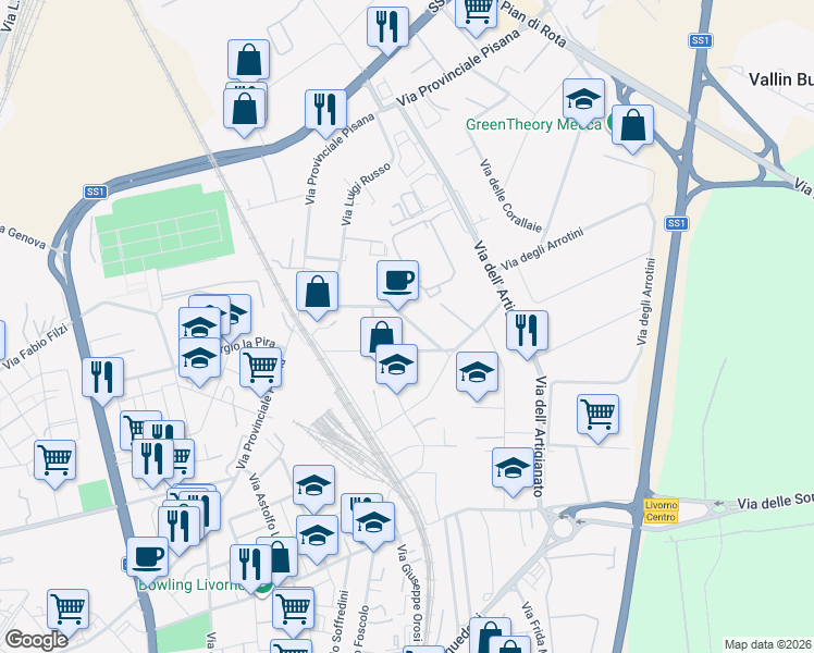 map of restaurants, bars, coffee shops, grocery stores, and more near 22 Viale Giacomo Leopardi in Livorno