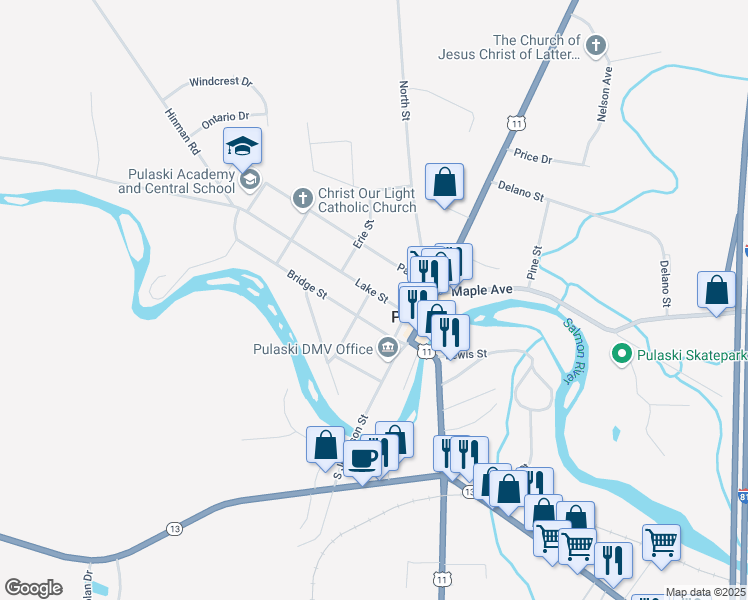 map of restaurants, bars, coffee shops, grocery stores, and more near 34 Church Street in Pulaski