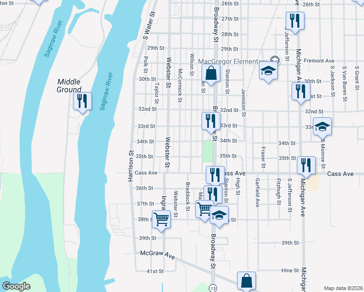 map of restaurants, bars, coffee shops, grocery stores, and more near 1403 McCormick Street in Bay City