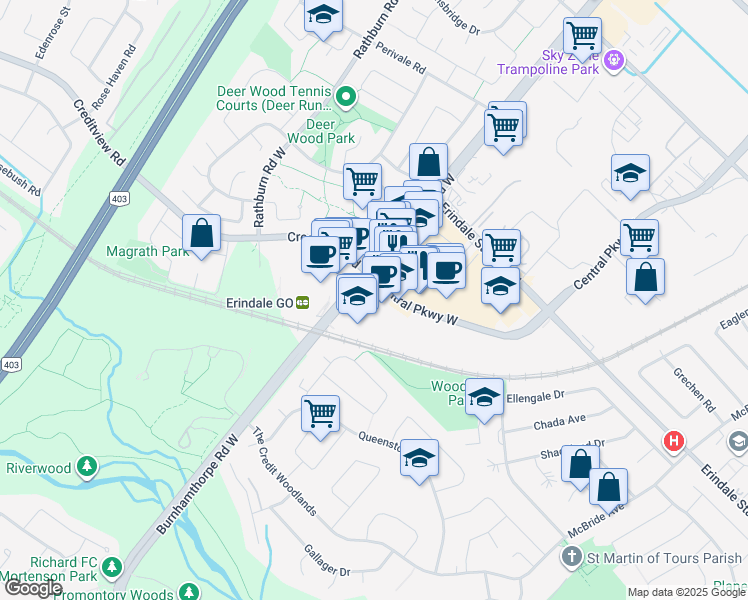map of restaurants, bars, coffee shops, grocery stores, and more near 1270 Central Parkway West in Mississauga