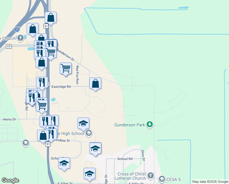 map of restaurants, bars, coffee shops, grocery stores, and more near 2916 Bluebird Drive in Portage
