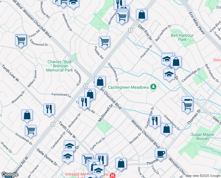 map of restaurants, bars, coffee shops, grocery stores, and more near 5910 Greensboro Drive in Mississauga
