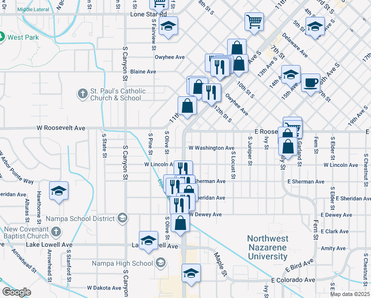 map of restaurants, bars, coffee shops, grocery stores, and more near 204 12th Avenue Road in Nampa
