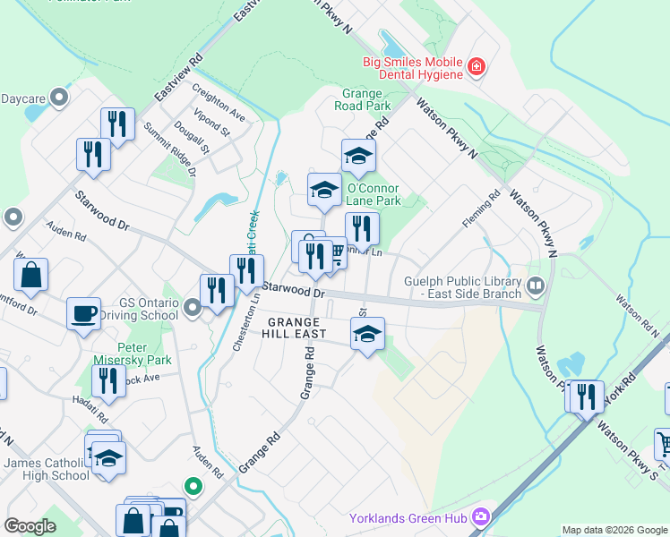 map of restaurants, bars, coffee shops, grocery stores, and more near Ralston Drive in Guelph