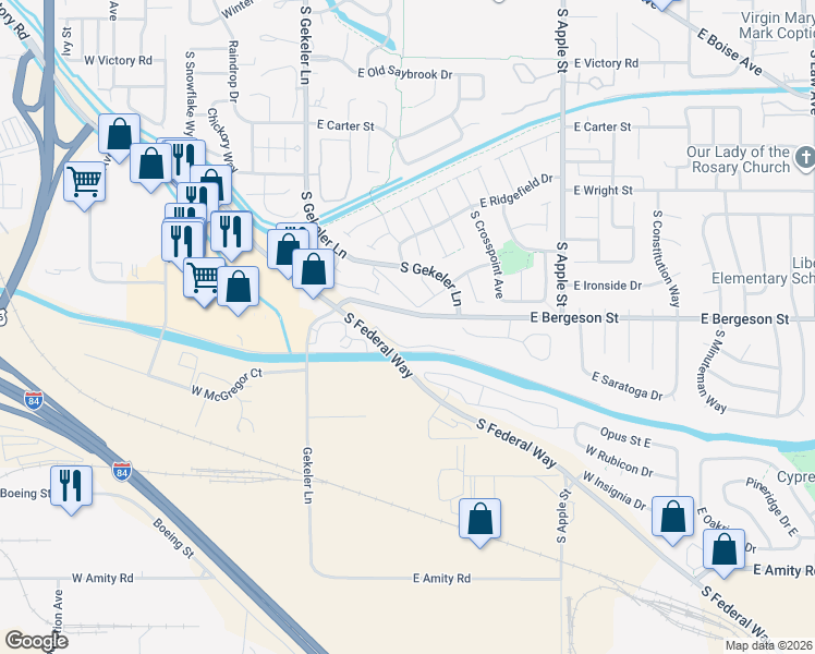 map of restaurants, bars, coffee shops, grocery stores, and more near 386 East Lake Rim Lane in Boise