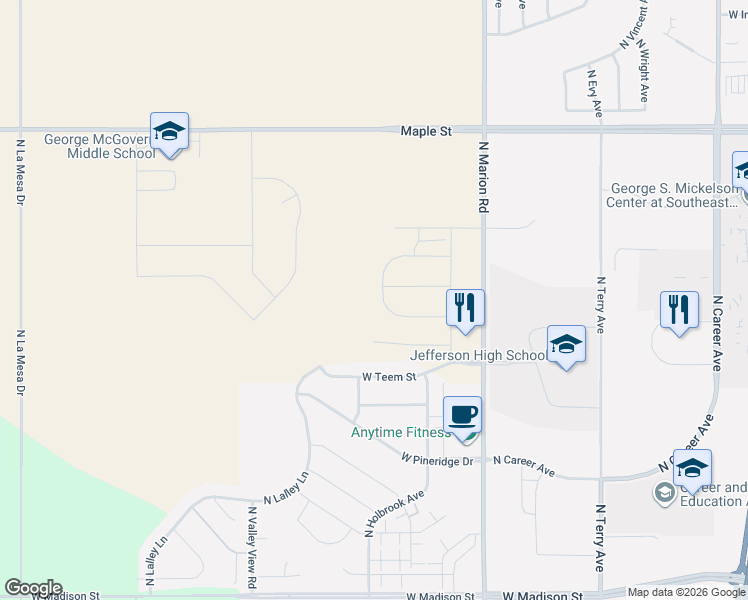 map of restaurants, bars, coffee shops, grocery stores, and more near 2301 North Marion Road in Sioux Falls