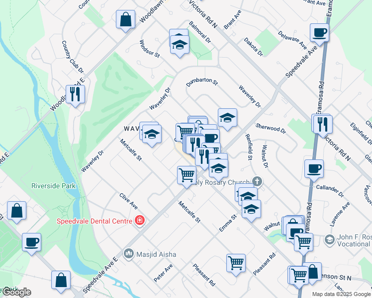 map of restaurants, bars, coffee shops, grocery stores, and more near 330 Speedvale Avenue East in Guelph