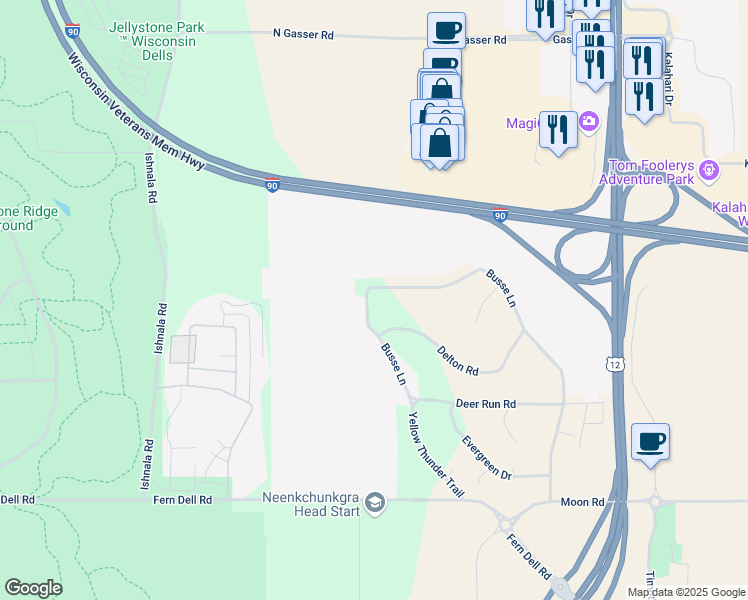 map of restaurants, bars, coffee shops, grocery stores, and more near E10699 Busse Lane in Baraboo