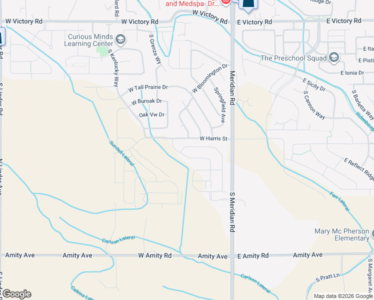 map of restaurants, bars, coffee shops, grocery stores, and more near 201-299 W Harris St in Meridian
