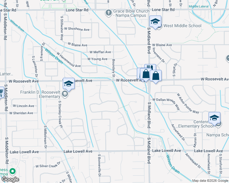 map of restaurants, bars, coffee shops, grocery stores, and more near 1400 Thorn Creek Ct in Nampa