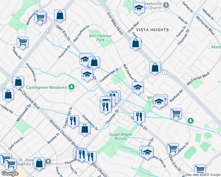 map of restaurants, bars, coffee shops, grocery stores, and more near in Mississauga
