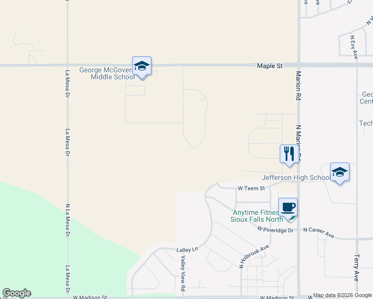map of restaurants, bars, coffee shops, grocery stores, and more near 1643 Lalley Lane in Sioux Falls