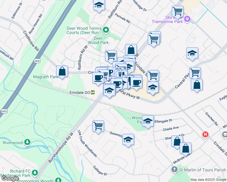 map of restaurants, bars, coffee shops, grocery stores, and more near 1270 Central Parkway West in Mississauga