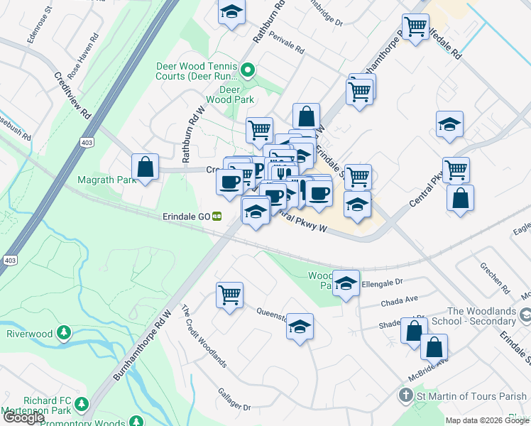 map of restaurants, bars, coffee shops, grocery stores, and more near 1300 Central Parkway West in Mississauga
