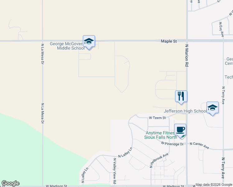 map of restaurants, bars, coffee shops, grocery stores, and more near 1643 Lalley Lane in Sioux Falls