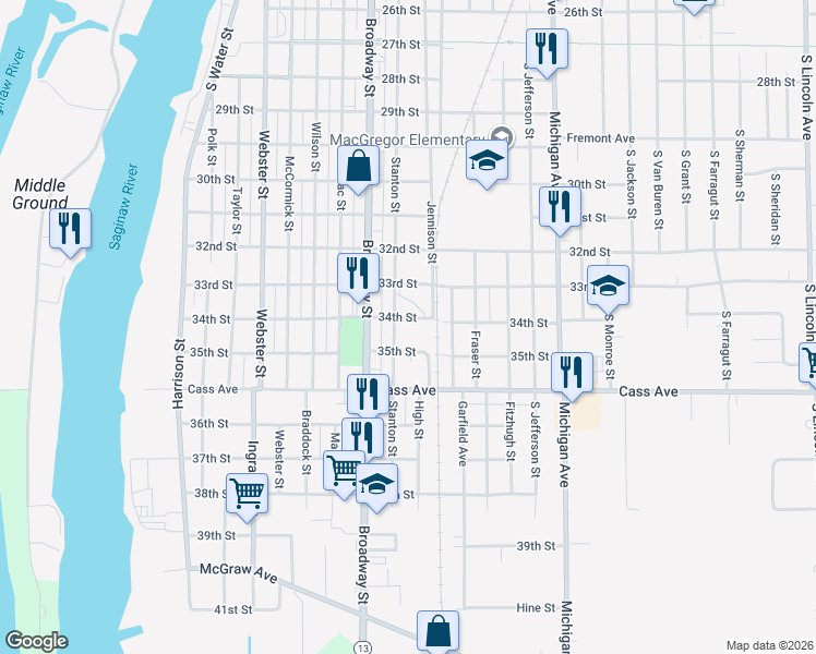 map of restaurants, bars, coffee shops, grocery stores, and more near 1004 34th Street in Bay City