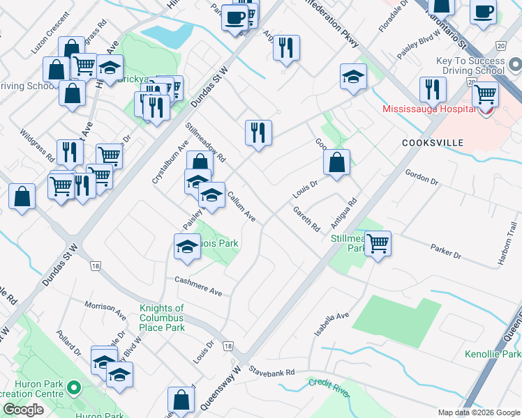 map of restaurants, bars, coffee shops, grocery stores, and more near 2428 Stillmeadow Road in Mississauga