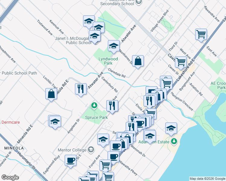map of restaurants, bars, coffee shops, grocery stores, and more near 1168 Canterbury Road in Mississauga