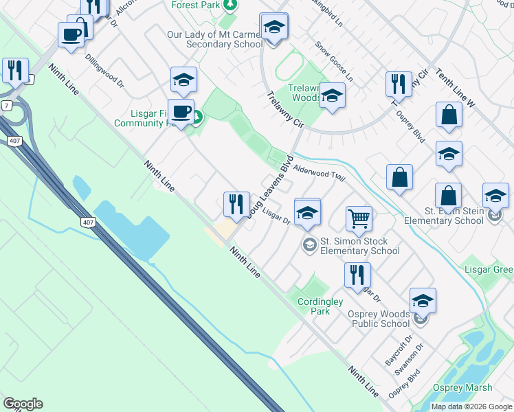 map of restaurants, bars, coffee shops, grocery stores, and more near in Mississauga